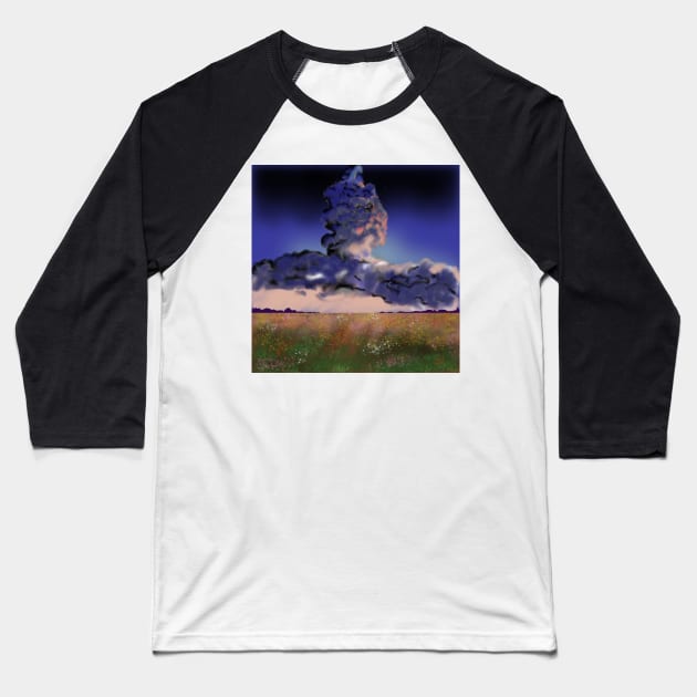 A field of flowers in the middle of rain clouds Baseball T-Shirt by White cloth